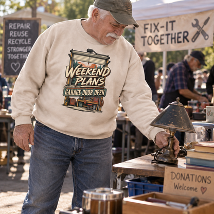 "Weekend Plans. Garage Door Open" Vintage Sweatshirt