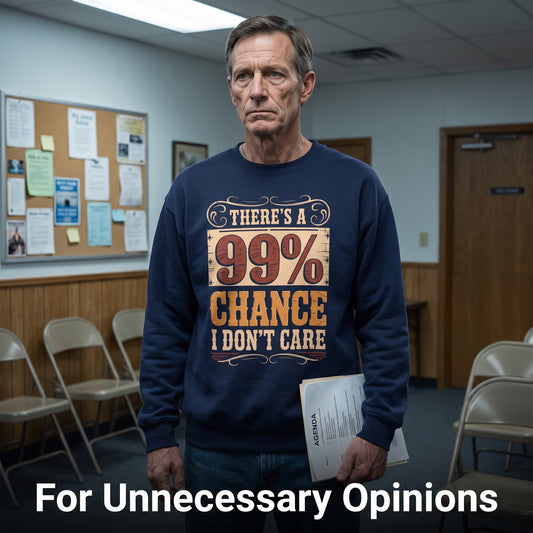 Older man in meeting room wearing navy sweatshirt with printed 99 percent design