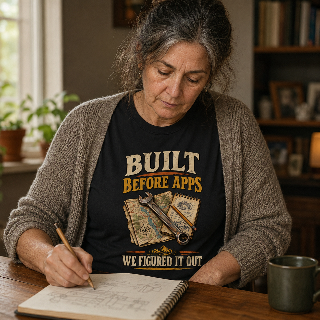 A woman sits at a wooden table, writing in a notebook. She is wearing a black graphic T-shirt with the text 'BUILT BEFORE APPS WE FIGURED IT OUT' and a brown cardigan.