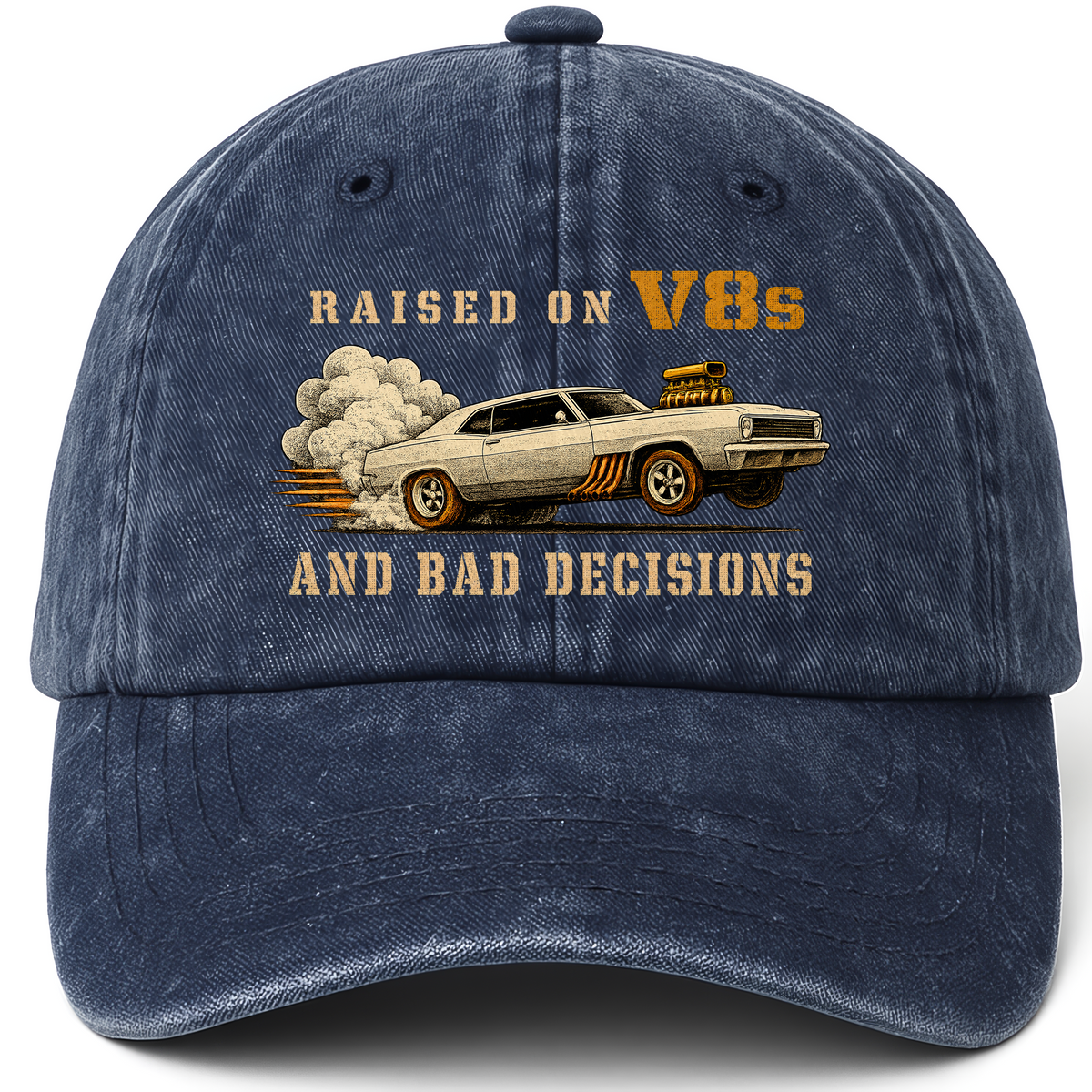 Navy vintage washed cap with Raised on V8s and Bad Decisions printed front design