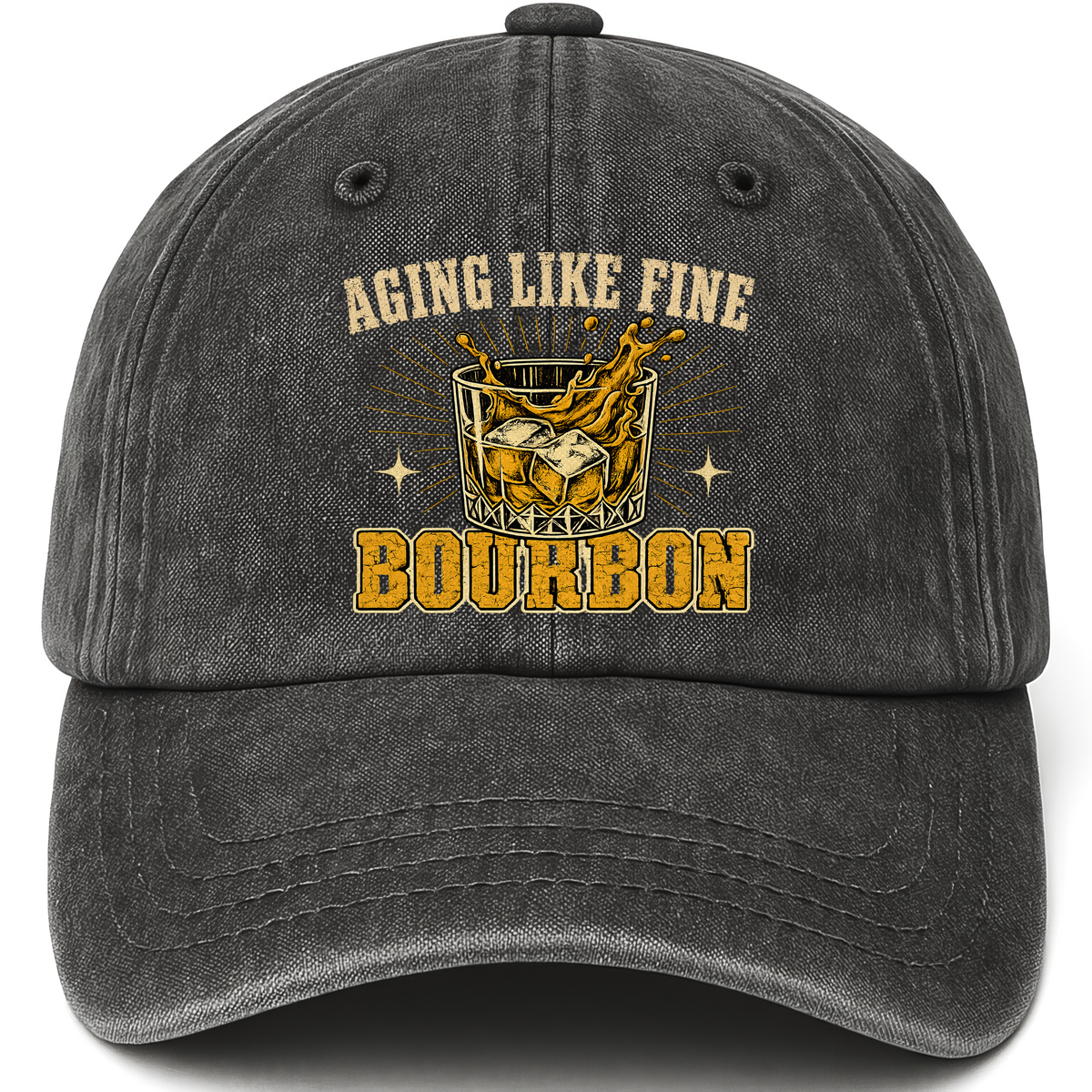 Black vintage washed cap with Aging Like Fine Bourbon printed front design