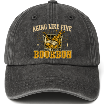 Black vintage washed cap with Aging Like Fine Bourbon printed front design
