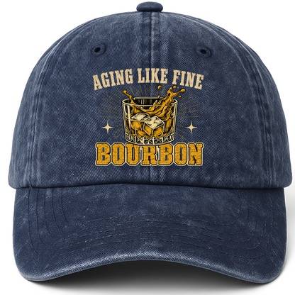 Navy vintage washed cap with Aging Like Fine Bourbon printed front design