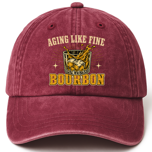 Wine Red vintage washed cap with Aging Like Fine Bourbon printed front design