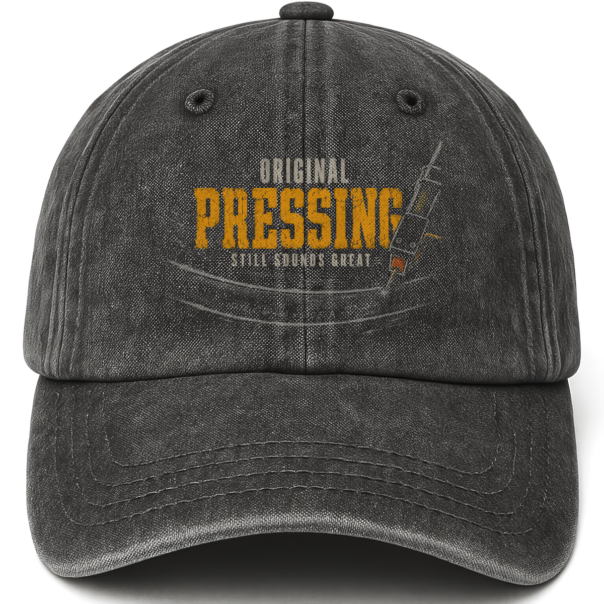 Black vintage washed cap with Original Pressing Still Sounds Great printed front design