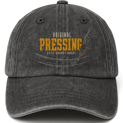 Black vintage washed cap with Original Pressing Still Sounds Great printed front design