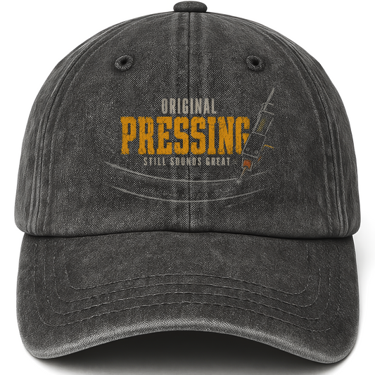 Black vintage washed cap with Original Pressing Still Sounds Great printed front design