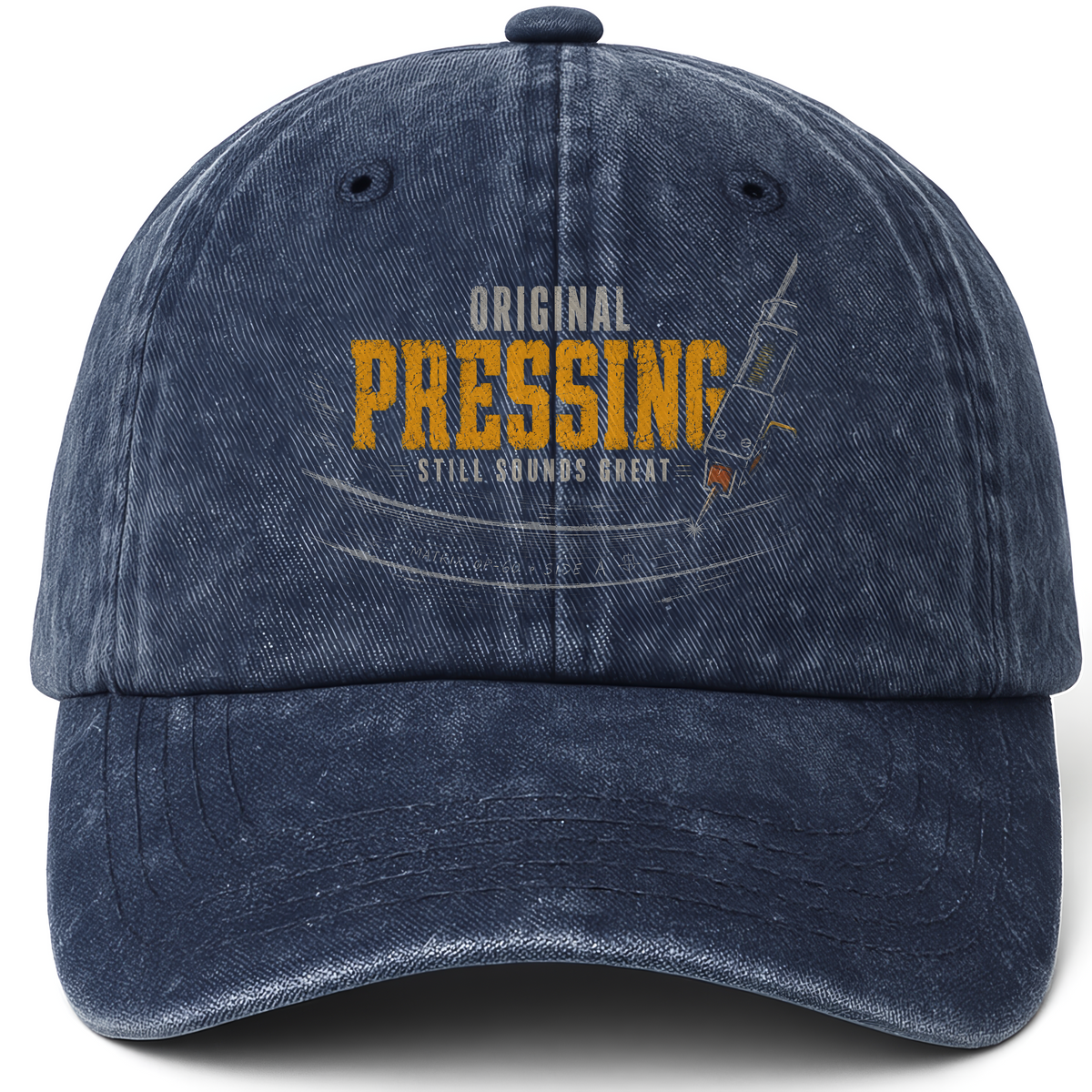 Navy vintage washed cap with Original Pressing Still Sounds Great printed front design