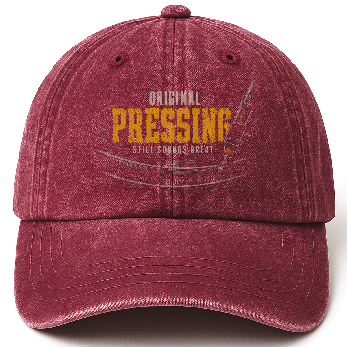 Wine Red vintage washed cap with Original Pressing Still Sounds Great printed front design
