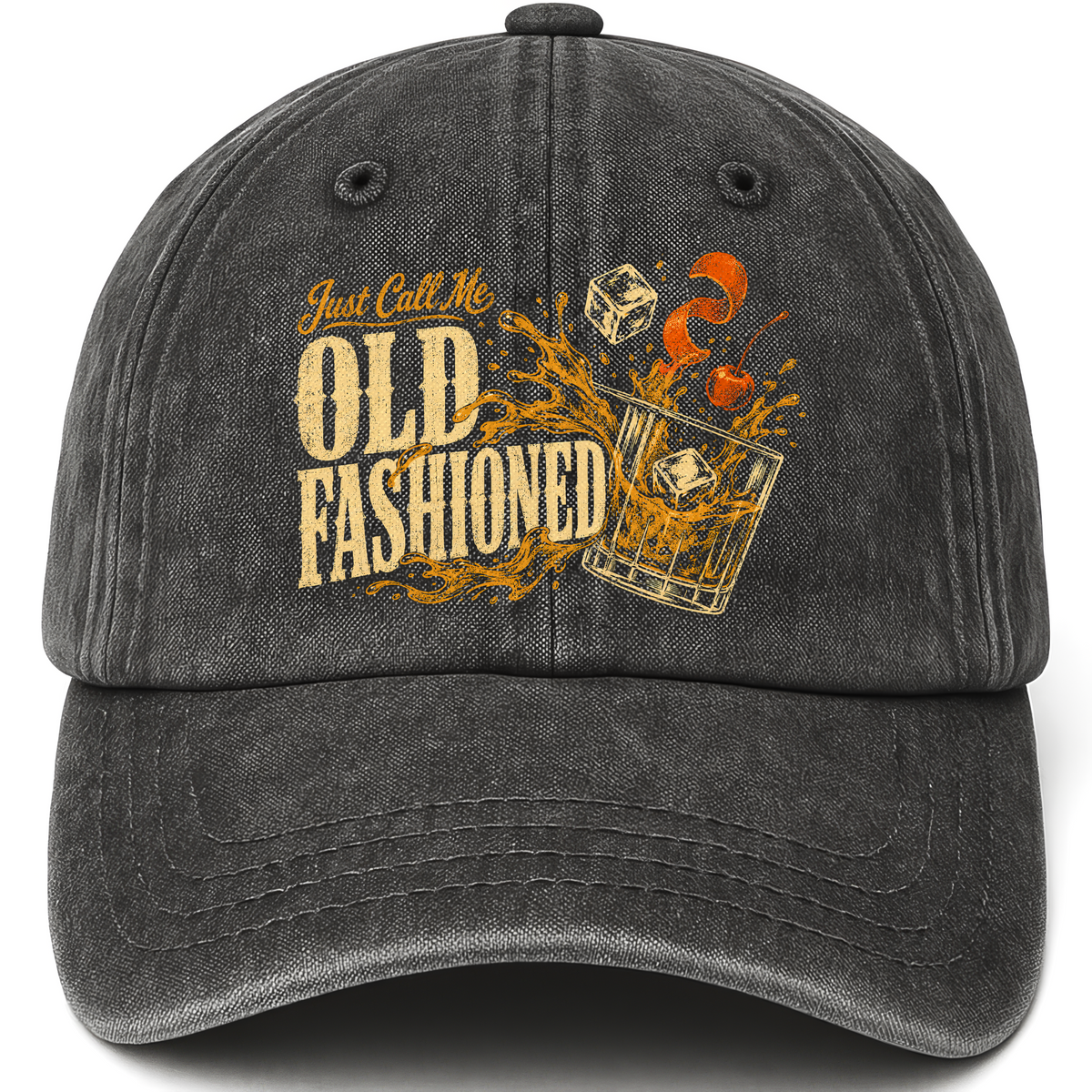 Black vintage washed cap with Just Call Me Old Fashioned printed front design