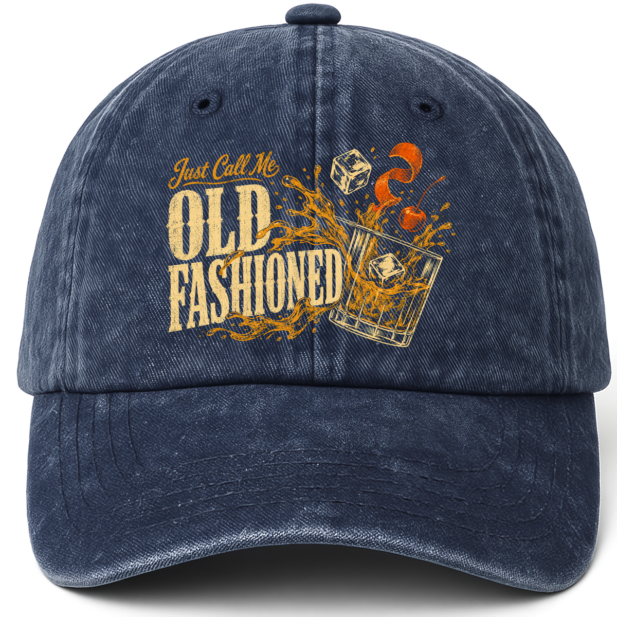 Navy vintage washed cap with Just Call Me Old Fashioned printed front design