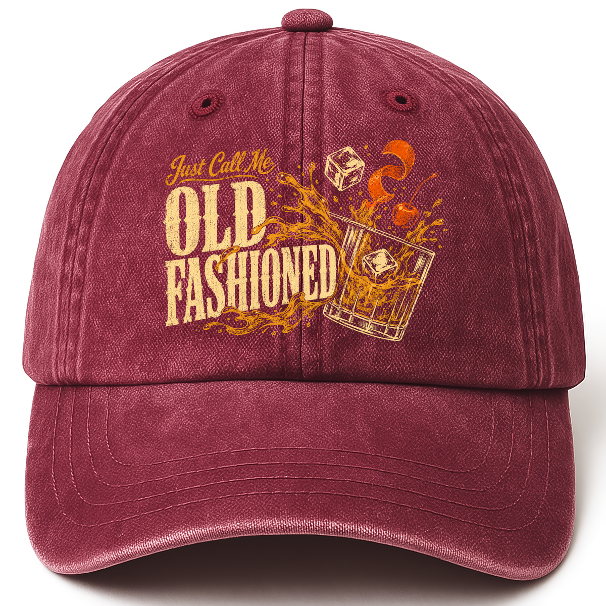 Wine Red vintage washed cap with Just Call Me Old Fashioned printed front design