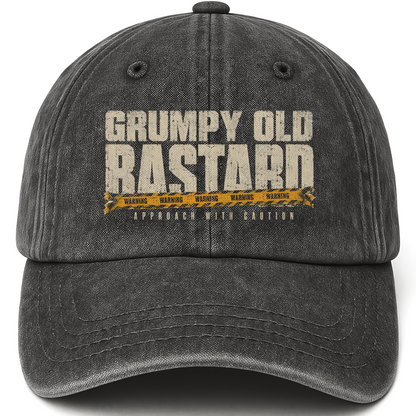 Black vintage washed cap with Grumpy Old Bastard Approach with Caution printed front design
