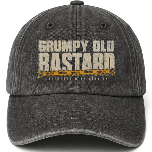 Black vintage washed cap with Grumpy Old Bastard Approach with Caution printed front design