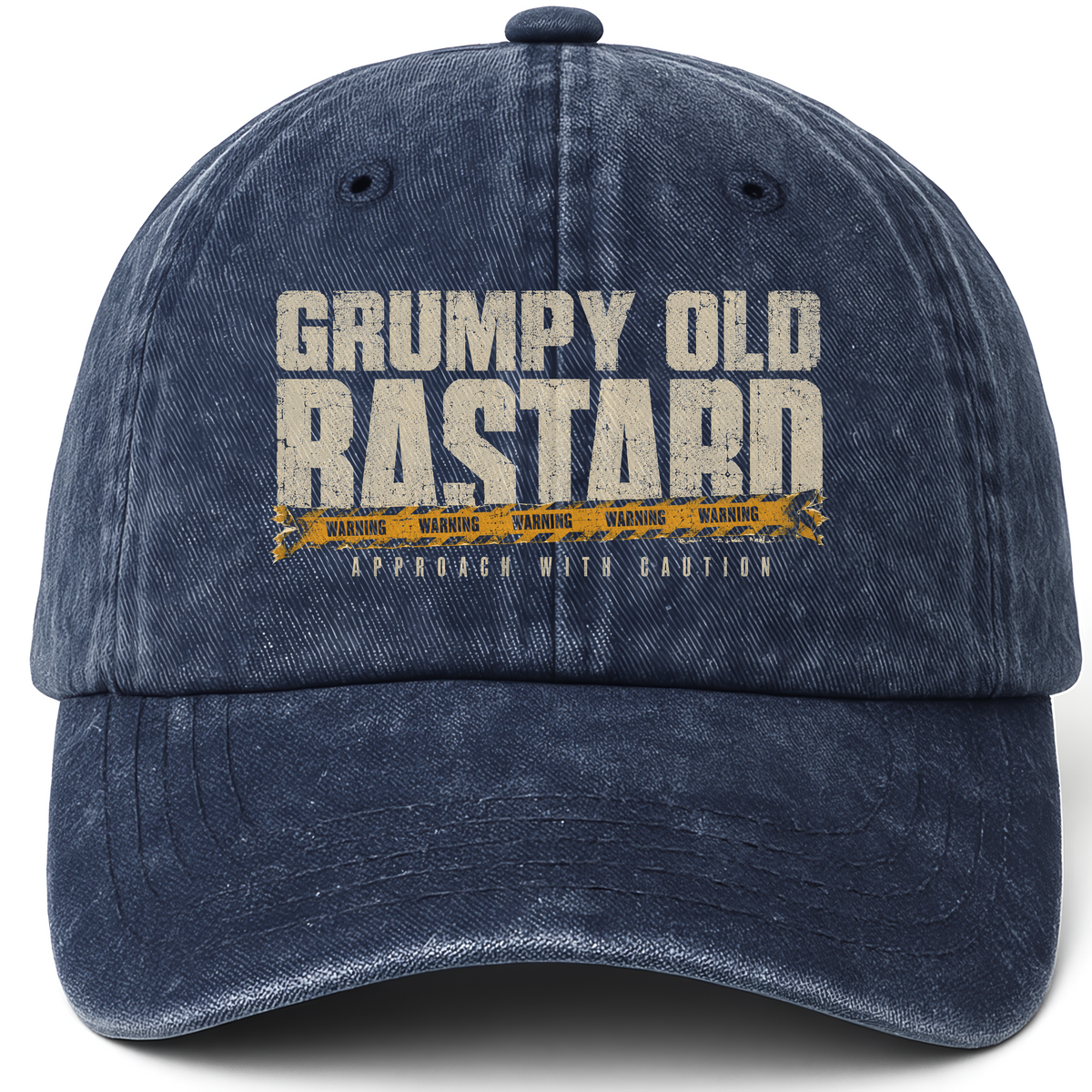 Navy vintage washed cap with Grumpy Old Bastard Approach with Caution printed front design