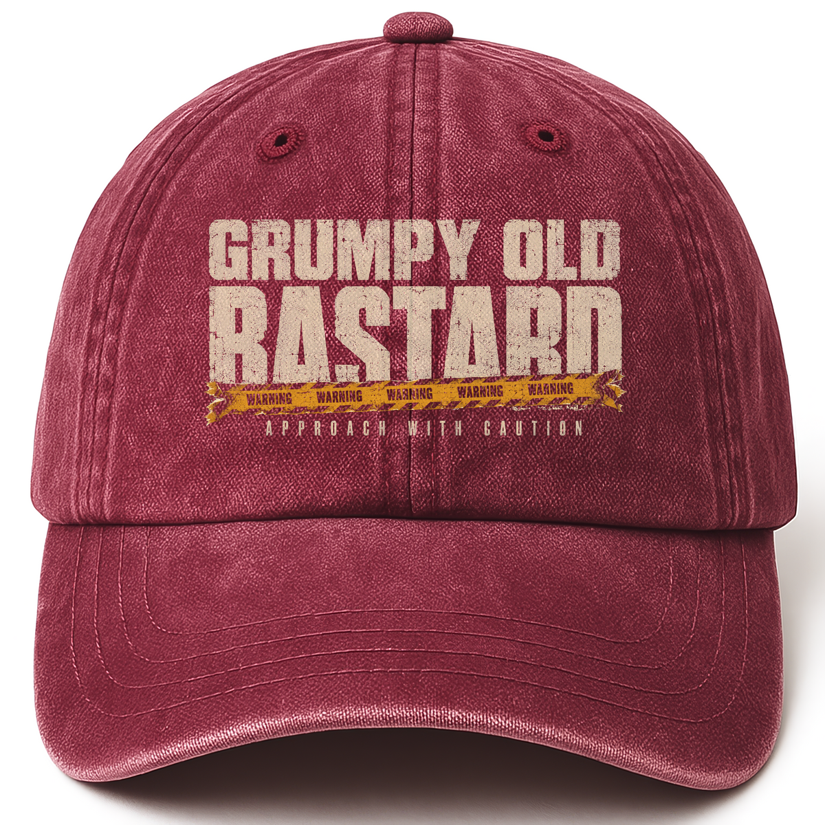 Wine Red vintage washed cap with Grumpy Old Bastard Approach with Caution printed front design