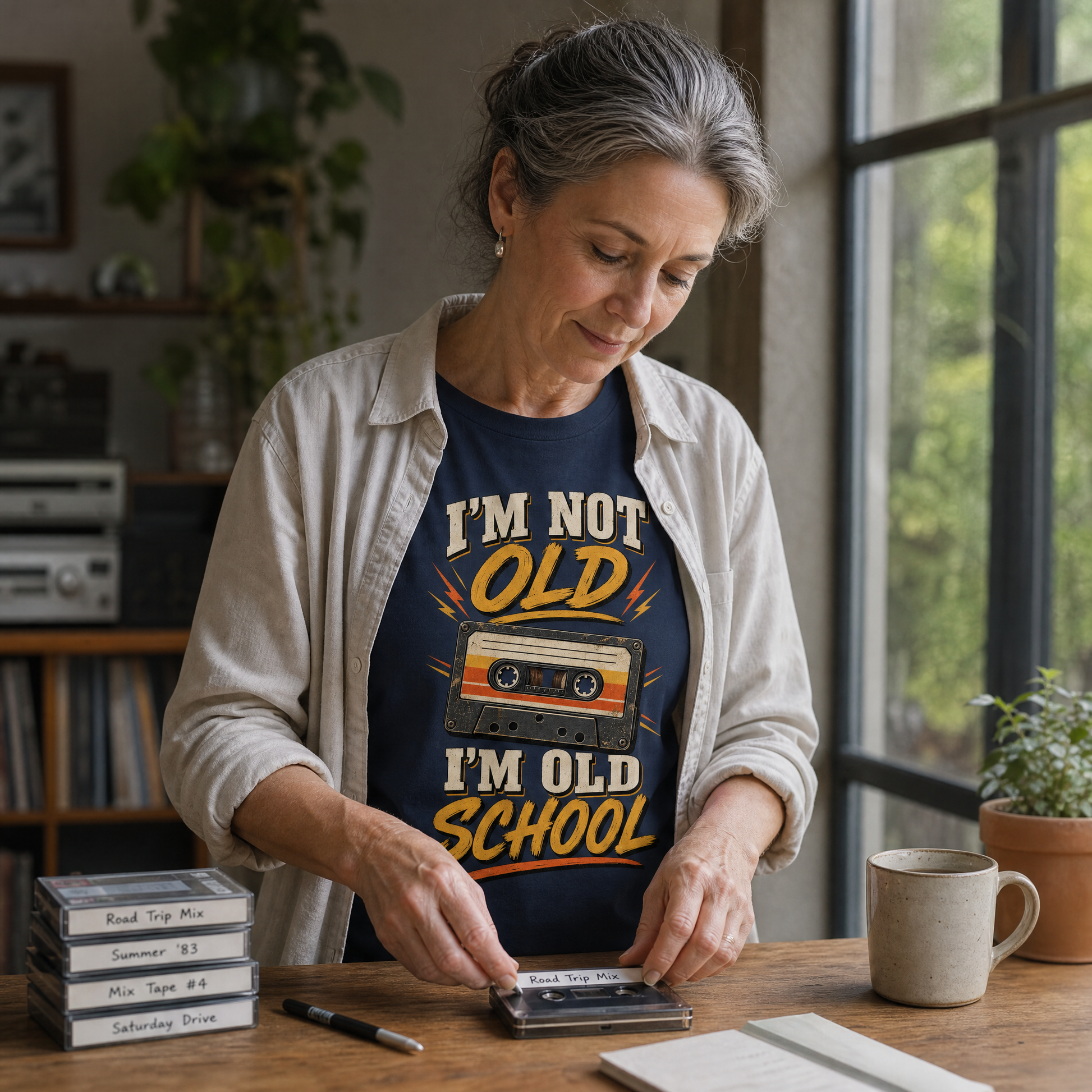An older woman with gray hair is sitting at a wooden desk in a cozy room, wearing a navy blue graphic t-shirt that reads 'I'M NOT OLD I'M OLD SCHOOL' with a retro cassette tape design. She is wearing a light beige button-up shirt over it and appears to be organizing cassette tapes on the desk.