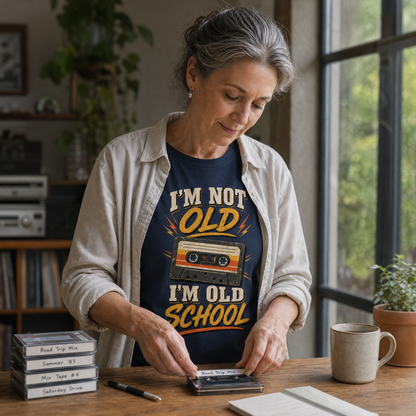 An older woman with gray hair is sitting at a wooden desk in a cozy room, wearing a navy blue graphic t-shirt that reads 'I'M NOT OLD I'M OLD SCHOOL' with a retro cassette tape design. She is wearing a light beige button-up shirt over it and appears to be organizing cassette tapes on the desk.