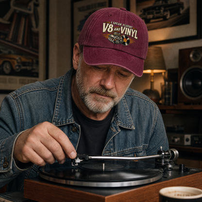 A man wearing a maroon baseball cap with 'V8 and VINYL' embroidered on it, looking down while adjusting a turntable record. He is wearing a denim jacket in a cozy, vintage-themed room with speakers and framed pictures.