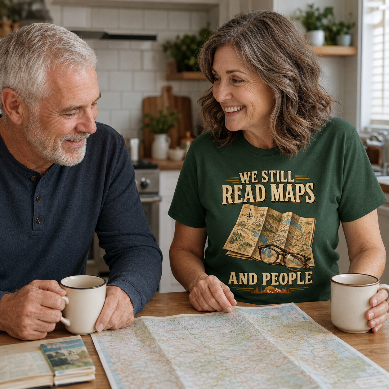 An older couple sitting at a kitchen table smiling and looking at a map. The woman wears a dark green graphic T-shirt with the text 'WE STILL READ MAPS AND PEOPLE' and an illustration of an open map and eyeglasses.