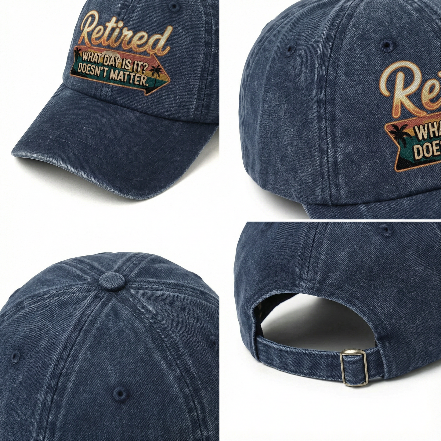 “Retired. What Day Is It? Doesn’t Matter.” Vintage Sunset Neon Style Cap