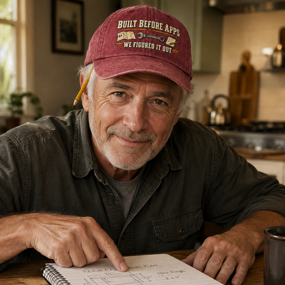 An older man in a kitchen setting wearing a maroon baseball cap with the text 'BUILT BEFORE APPS WE FIGURED IT OUT' and a pencil tucked behind his ear, looking at a notebook on a table.