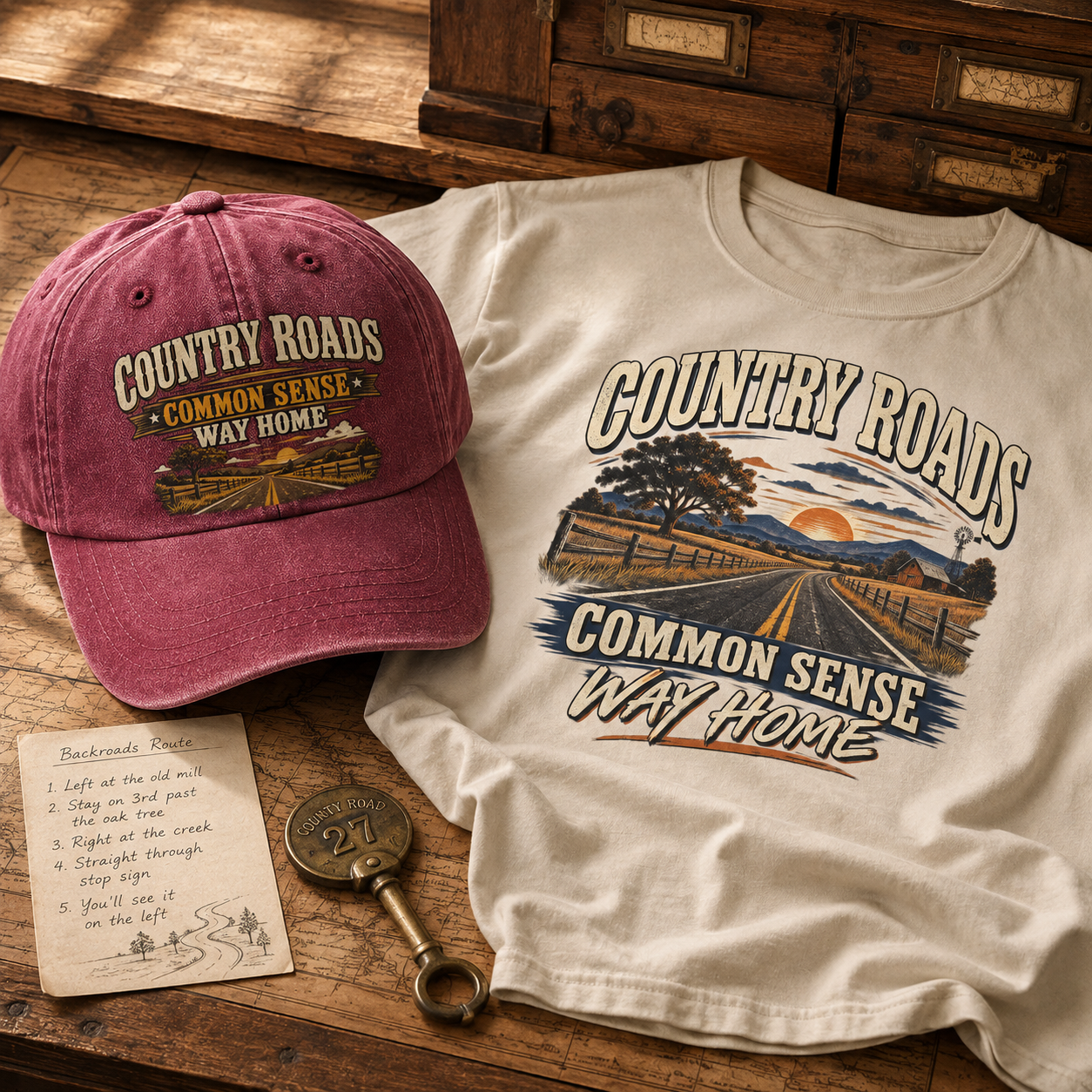"Country Roads. Common Sense. Way Home" Vintage Washed Cap
