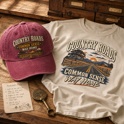 "Country Roads. Common Sense. Way Home" Vintage Washed Cap