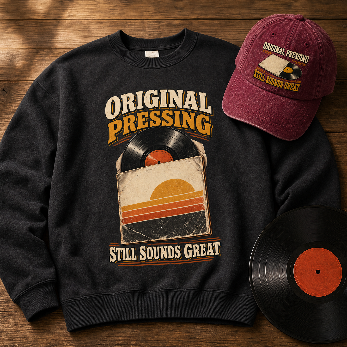 A black crewneck sweatshirt with a retro vinyl record graphic and the text 'ORIGINAL PRESSING STILL SOUNDS GREAT' is laid flat on a wooden surface, styled with a maroon baseball cap and a vinyl record. The cap has the same text and logo.