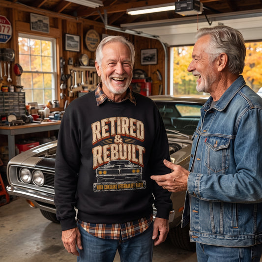 Retired and Rebuilt aftermarket parts sweatshirt with printed graphic design