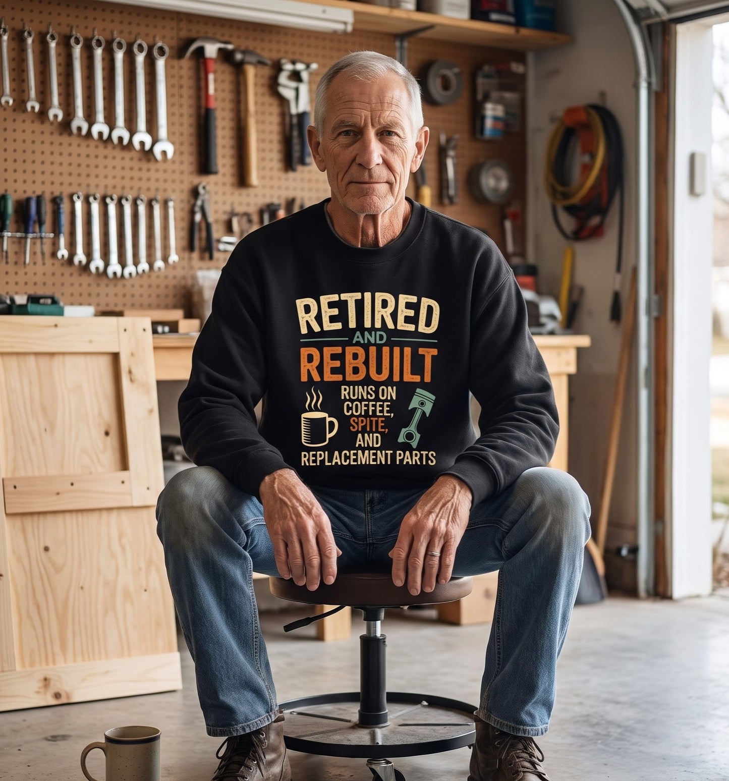 "Retired & Rebuilt. Runs on Coffee, Spite and Replacement Parts" Vintage Sweatshirt