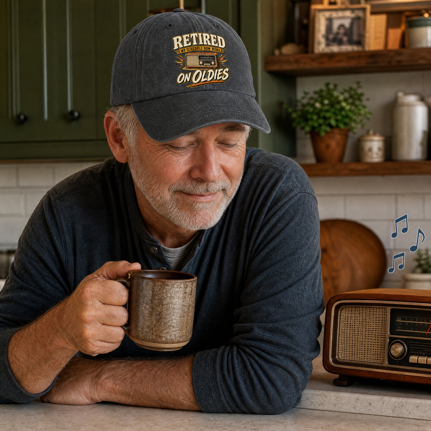 A man in a cozy kitchen setting wearing a dark gray baseball cap with the text 'RETIRED ON OLDIES' and holding a ceramic mug. A vintage-style radio sits on the counter next to him, with musical notes floating near it.