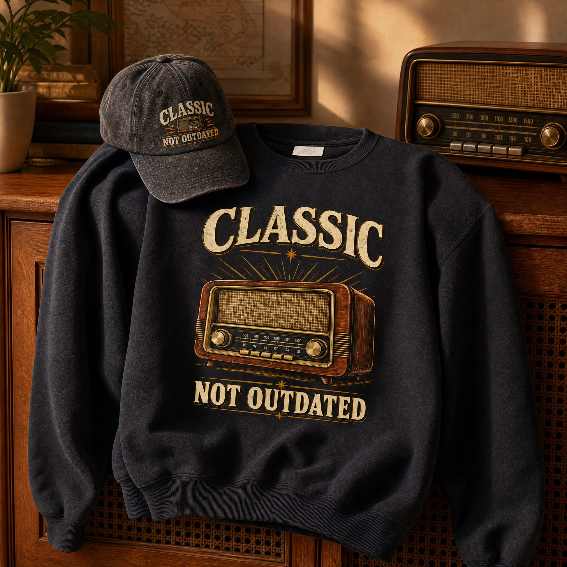 the "Classic. Not Outdated" vintage sweatshirt and cap as the center of the frame draped over a wooden radiator cover, the fabric settling in natural folds, a soft shadow where it meets the wood, a vintage radio sitting level on a table beside it