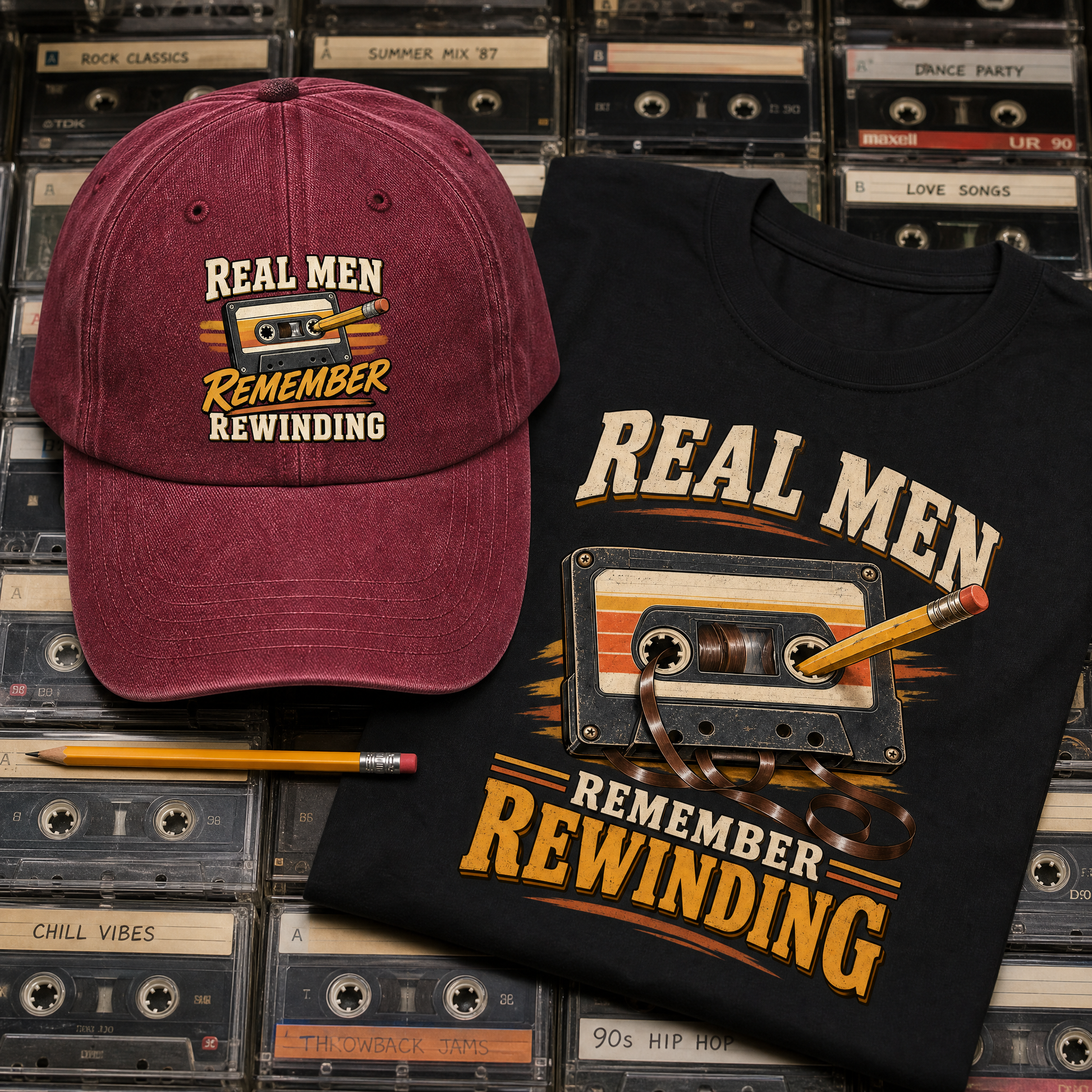 A maroon baseball cap and a black graphic T-shirt displayed together on a background of vintage cassette tapes. Both items feature the text 'REAL MEN REMEMBER REWINDING' with a retro cassette tape and pencil graphic.