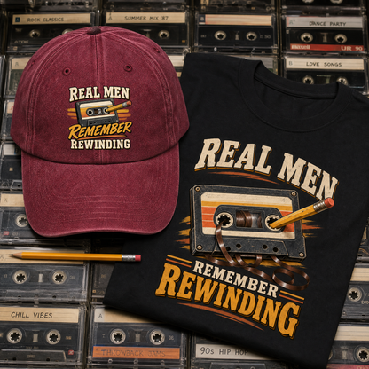 A maroon baseball cap and a black graphic T-shirt displayed together on a background of vintage cassette tapes. Both items feature the text 'REAL MEN REMEMBER REWINDING' with a retro cassette tape and pencil graphic.