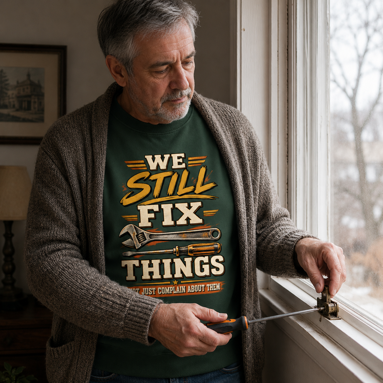 An older man wearing a dark green graphic T-shirt and a brown cardigan stands by a window, using a screwdriver on a window latch. The T-shirt features a bold graphic that reads 'WE STILL FIX THINGS.