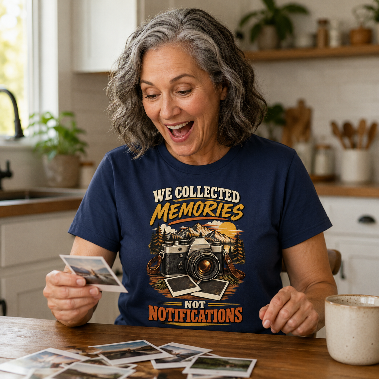 A smiling older woman with gray hair sits at a wooden table in a bright kitchen, holding and looking at small photos. She wears a navy graphic T-shirt with the text 'WE COLLECTED MEMORIES NOT NOTIFICATIONS' and a retro camera/photo-print design.