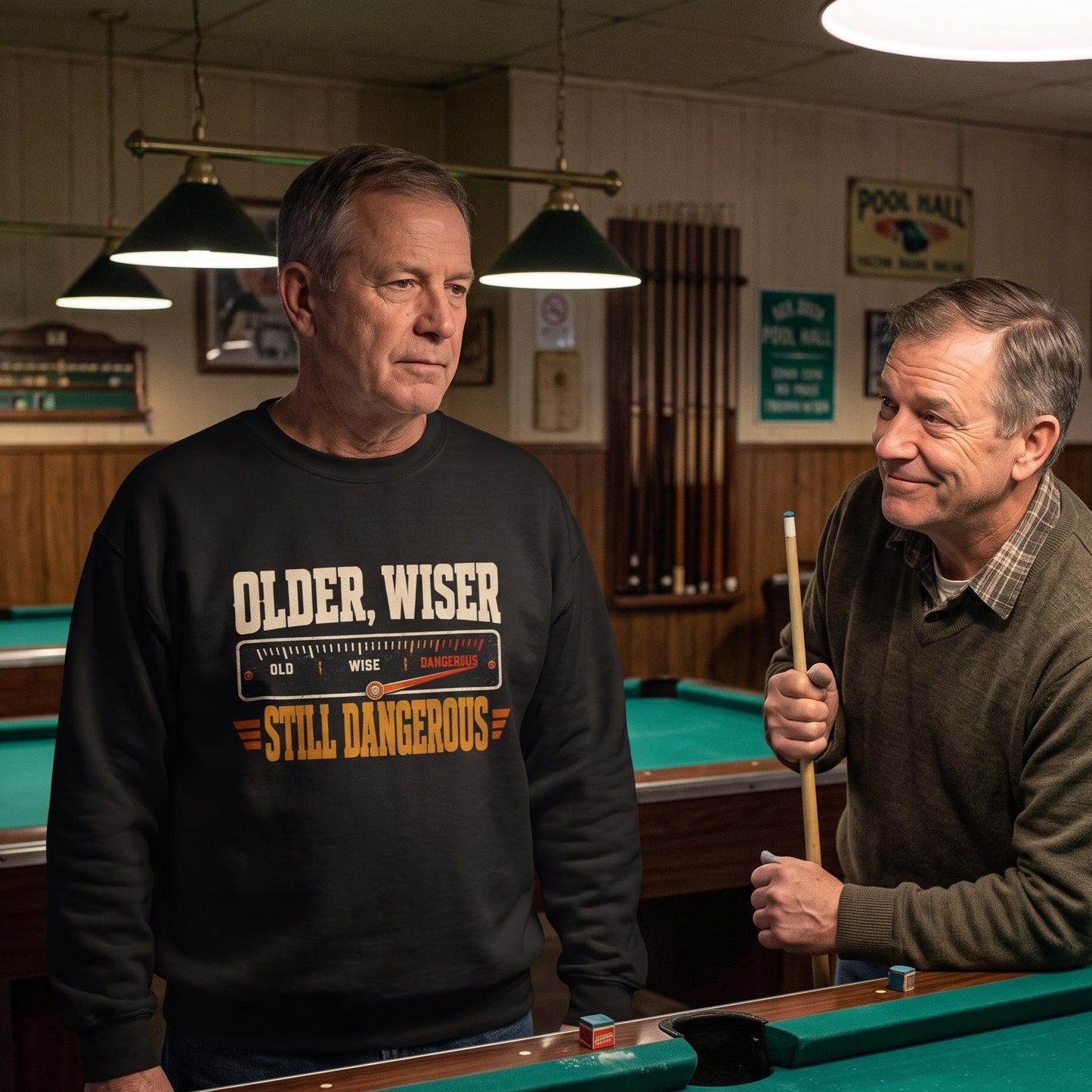 Casual sweatshirt featuring Older. Wiser. Still Dangerous graphic print for Oldmanism