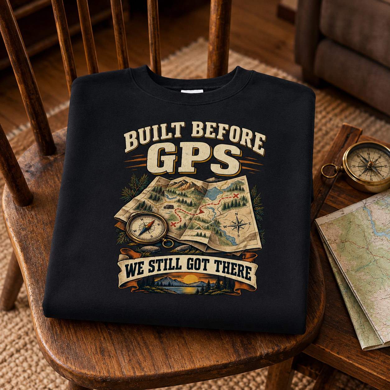A folded black crewneck t-shirt with a vintage-style GPS graphic and the text 'BUILT BEFORE GPS WE STILL GOT THERE', displayed on a wooden chair in a cozy room setting with a compass and map nearby.