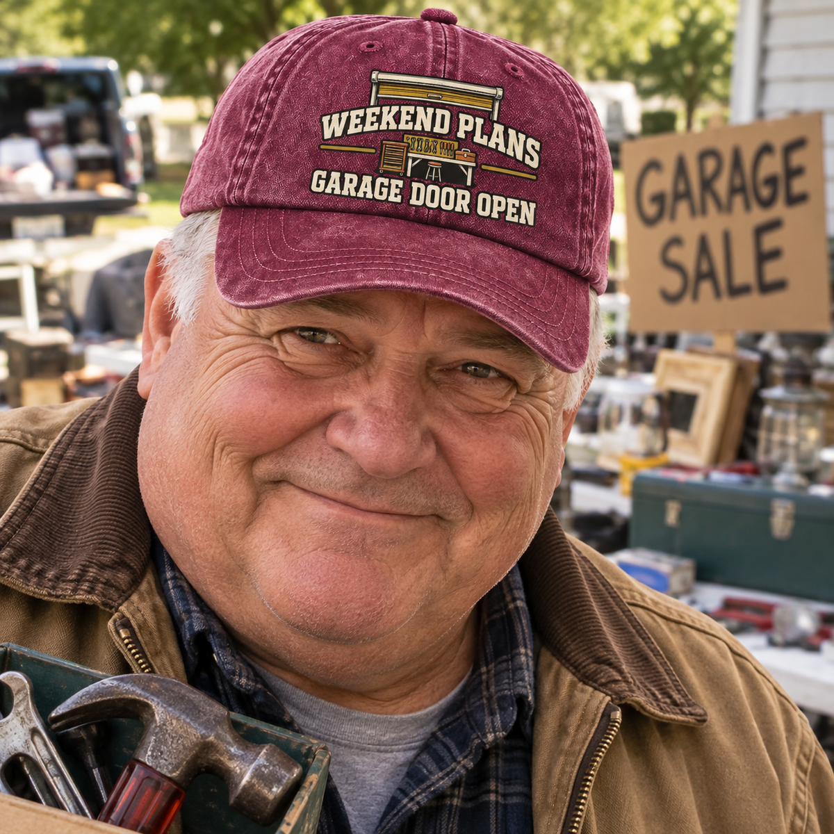"Weekend Plans. Garage Door Open" Vintage Washed Cap