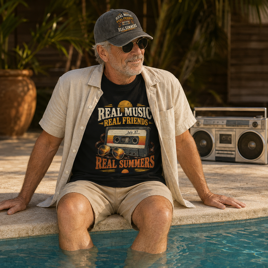 A man sitting by a swimming pool wearing a black graphic t-shirt with a retro cassette tape design and the text 'REAL MUSIC REAL FRIENDS JOLLY 60'S REAL SUMMERS'. He is also wearing a beige short-sleeve button-up shirt, khaki shorts, and a gray baseball cap.