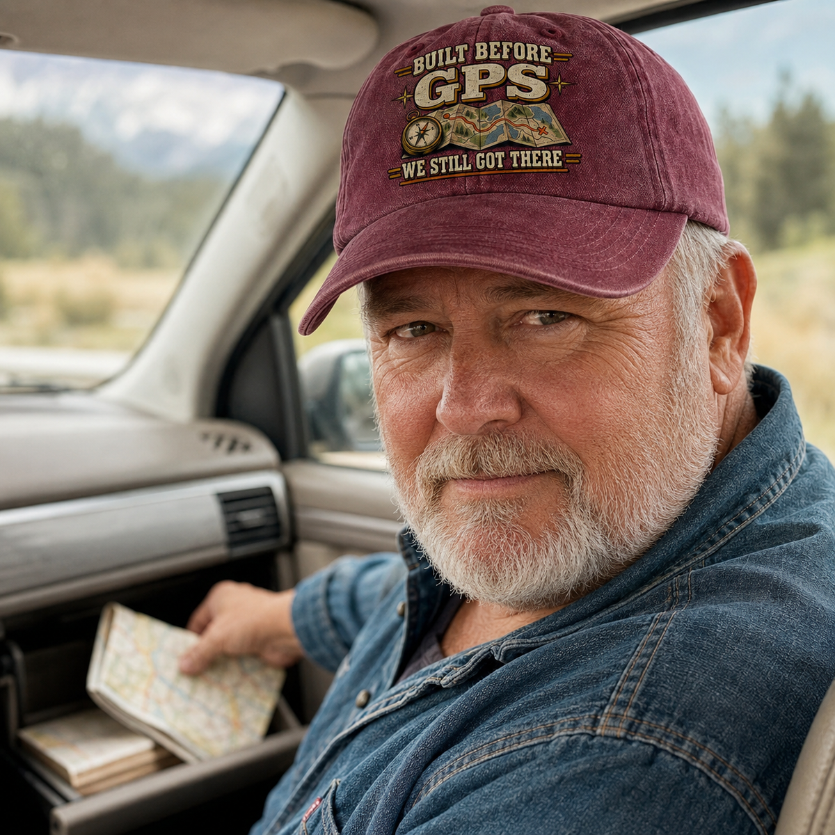 A man sitting inside a car wearing a maroon baseball cap with a GPS-themed embroidered patch that reads 'BUILT BEFORE GPS WE STILL GOT THERE.' He is also wearing a blue denim shirt and holding a map.