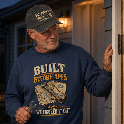 believable older man around 62 with weathered skin, gray stubble, and rough hands wearing the "Built Before Apps We Figured It Out" vintage sweatshirt and cap on a cool evening, holding a wrench and looking at a door hinge he just fixed