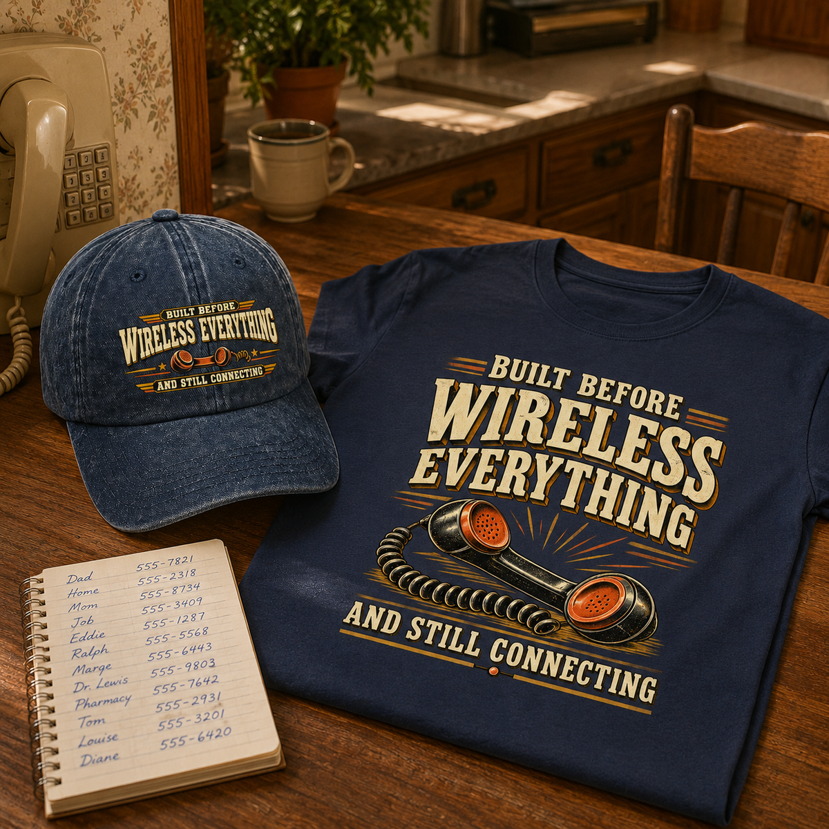 A navy blue graphic T-shirt and a blue baseball cap with the phrase 'Built Before Wireless Everything and Still Connecting' are displayed on a wooden table, alongside a handwritten list and a mug, in a warm kitchen setting.