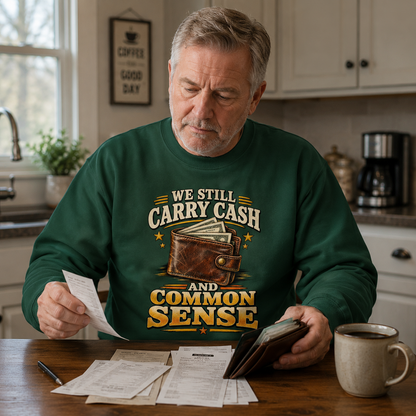 A man in a kitchen wearing a dark green crewneck sweatshirt with a graphic that reads 'WE STILL CARRY CASH AND COMMON SENSE' above and below a brown wallet illustration. He is holding papers and a wallet at a wooden table with a coffee mug nearby.