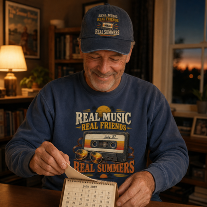 believable older man around 62 with weathered skin, gray stubble, and deep smile lines wearing the "Real Music. Real Friends Real Summers" vintage sweatshirt and cap as his outer layer, long sleeves clearly visible, on a cool evening, sitting at a desk, flipping open a pocket calendar