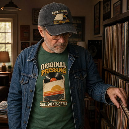 A man in a record store wearing a dark gray cap and a blue denim jacket over a green graphic t-shirt that reads 'ORIGINAL PRESSING STILL SOUNDS GREAT' with a vinyl record and sunset design. He is standing next to a shelf of vinyl records.