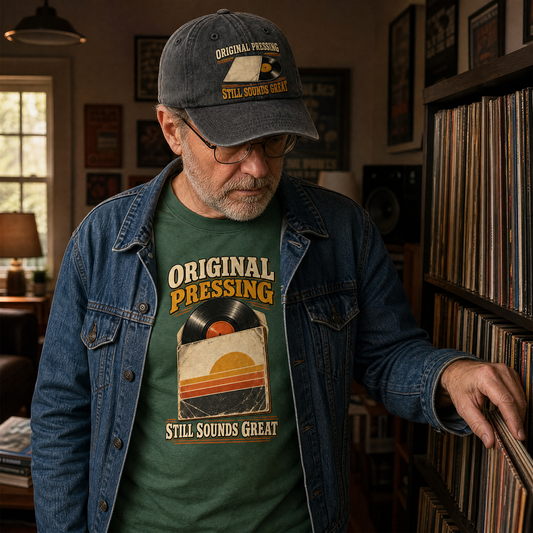 A man in a record store wearing a dark gray cap and a blue denim jacket over a green graphic t-shirt that reads 'ORIGINAL PRESSING STILL SOUNDS GREAT' with a vinyl record and sunset design. He is standing next to a shelf of vinyl records.