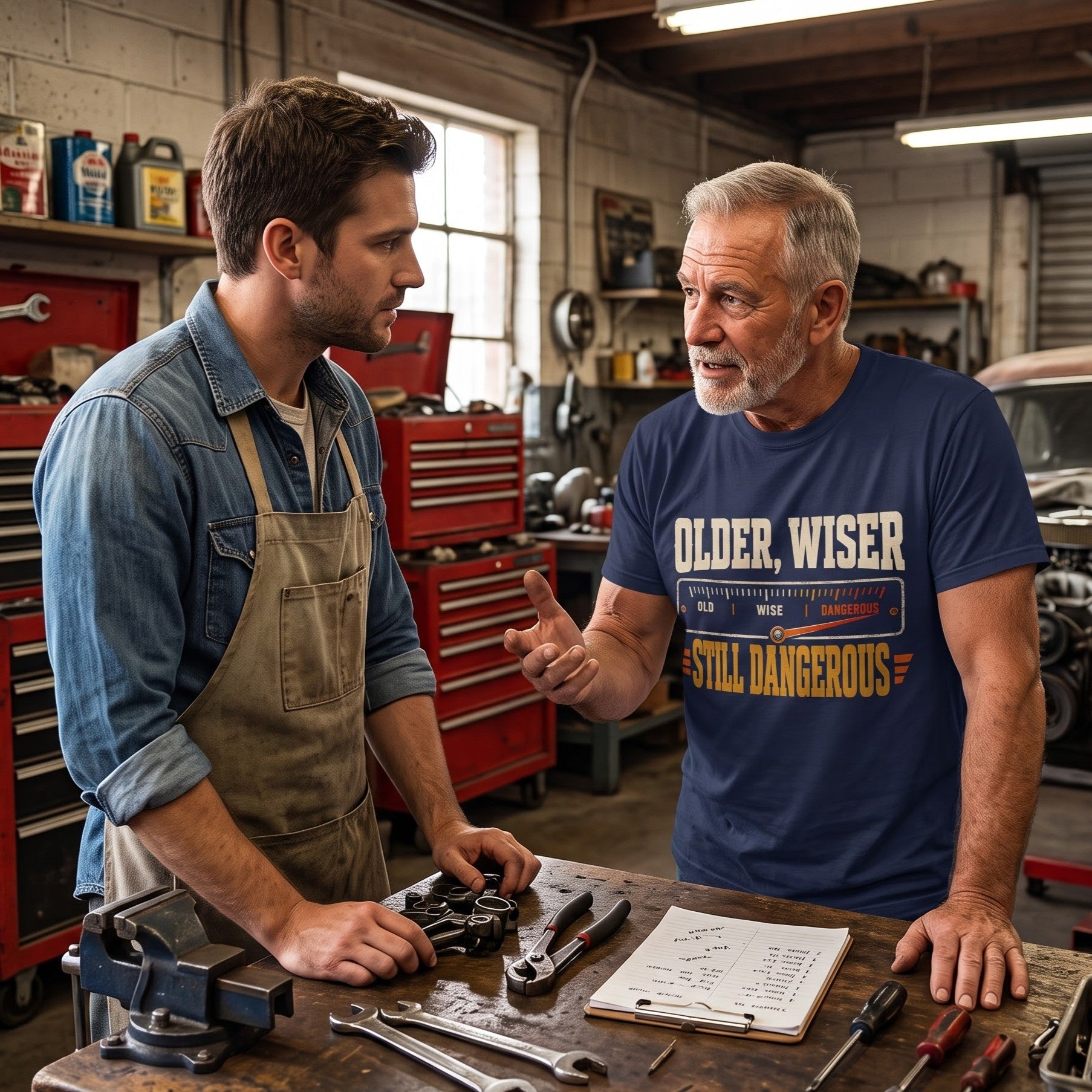 Older. Wiser. Still Dangerous vintage T-shirt shown in lifestyle product photo