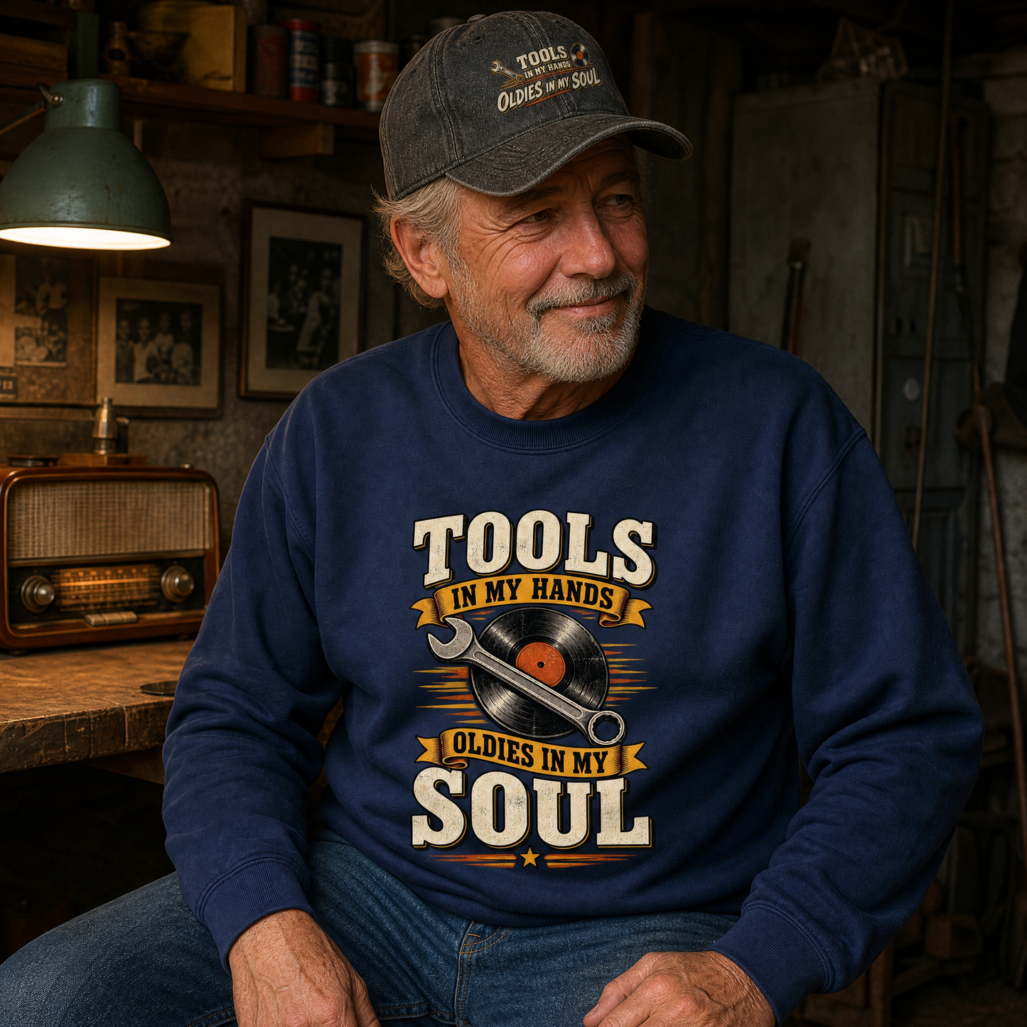 An older man wearing a navy blue crewneck sweatshirt with a graphic that reads 'TOOLS IN MY HANDS OLDIES IN MY SOUL' with a wrench and vinyl record illustration, sitting in a rustic workshop environment.